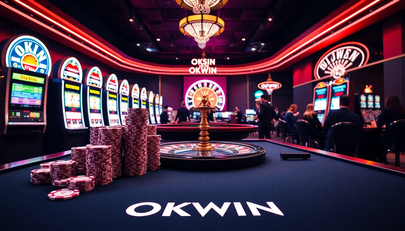 Exciting gaming environment with OKWIN branding, showcasing poker chips and a roulette wheel.