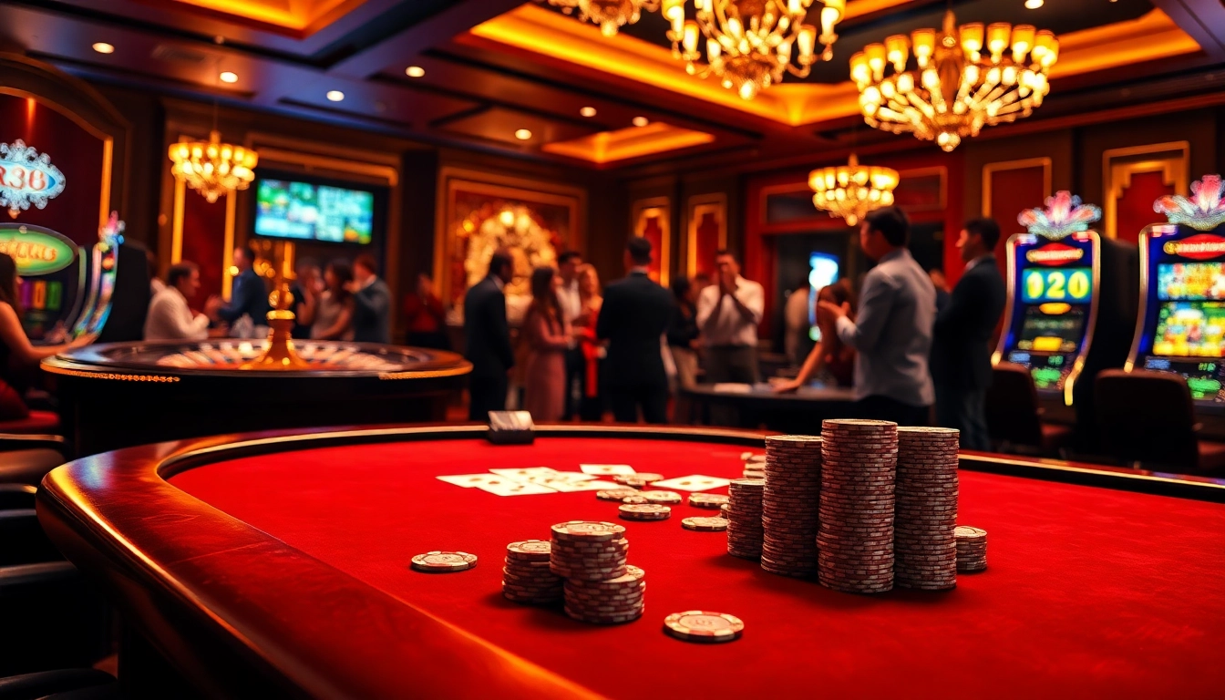 RR88 players enjoying a thrilling poker game at a luxurious casino table with vibrant atmosphere.