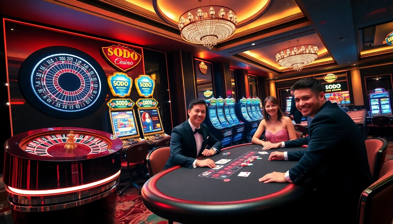 Experience the thrill of gaming at SODO Casino with engaging players and luxurious tables.