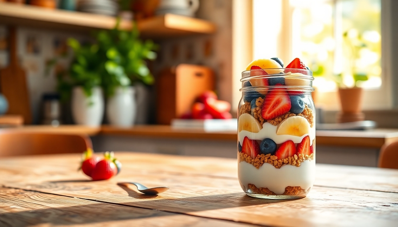 Enjoy a delicious layered parfait from https://masonjarbreakfast.com served in a stylish mason jar.