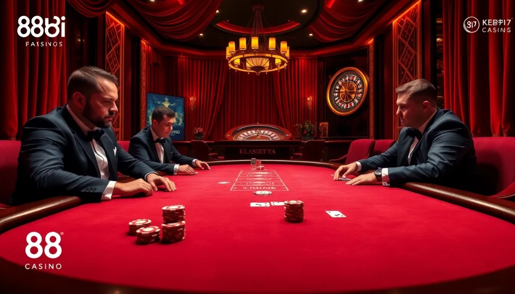 Players engaged in an intense poker game at 88i casino, showcasing high-quality chips and cards.