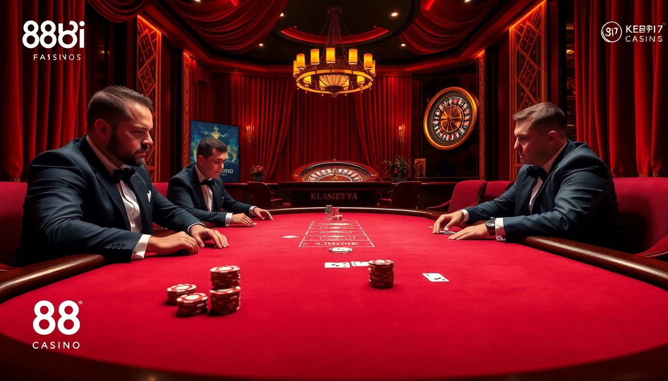Players engaged in an intense poker game at 88i casino, showcasing high-quality chips and cards.