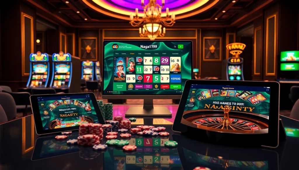Navigating the aplikasi Naga169 online casino interface with vibrant slots and poker action.