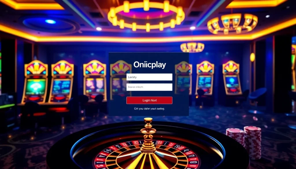 Engage with Onicplay, showcasing a vibrant casino scene with dynamic gameplay and luxurious slot machines.