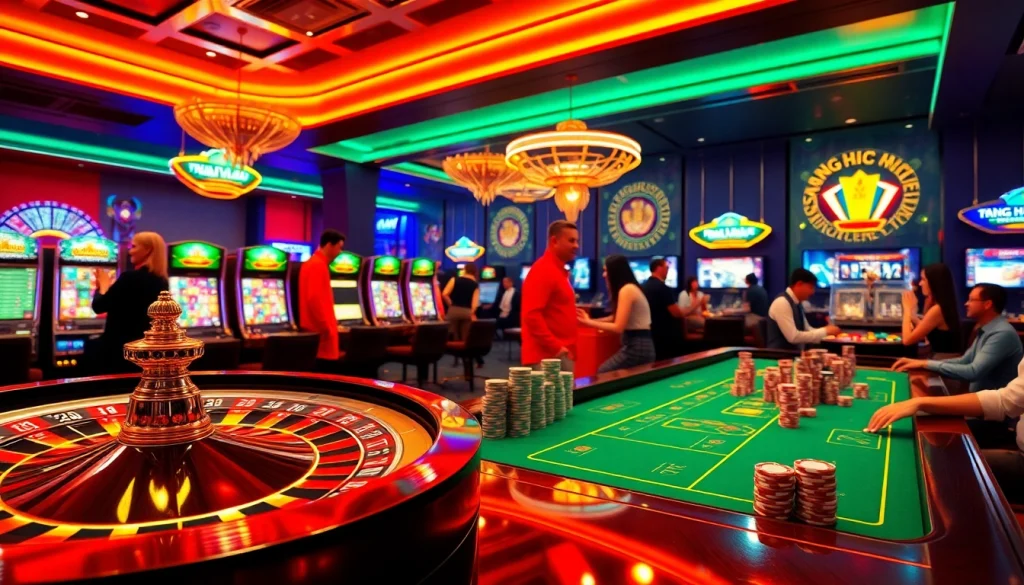 Vibrant online casino environment showcasing TRANG CHỦ KKWIN with roulette, slot machines, and engaged players.