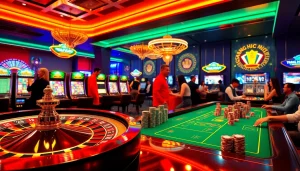 Vibrant online casino environment showcasing TRANG CHỦ KKWIN with roulette, slot machines, and engaged players.