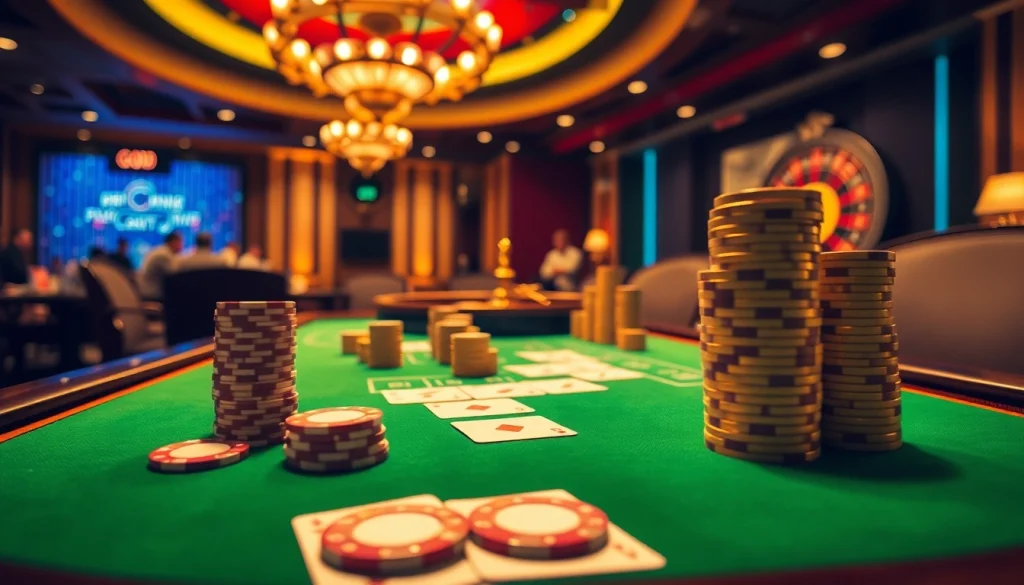 GO8 gambling scene showcasing an elegant poker table and roulette wheel in a luxurious casino setting.