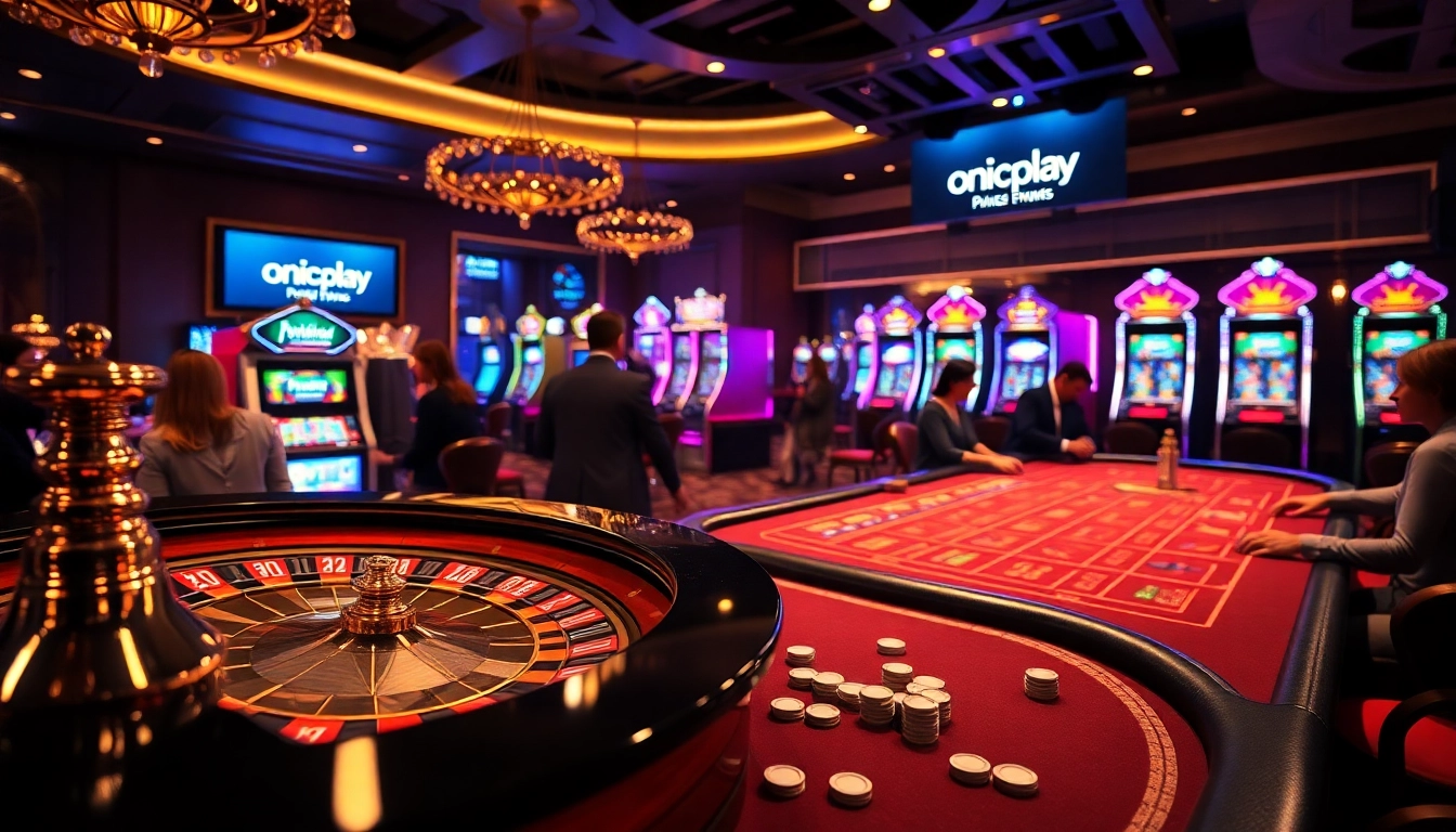 Engage with onicplay at an upscale casino featuring roulette and poker tables.