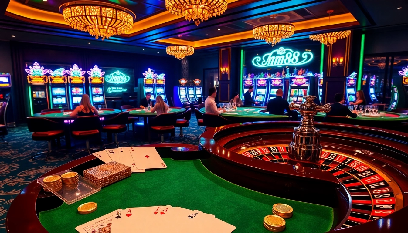 Exciting gameplay at mm88 casino with roulette, vibrant slot machines, and enthusiastic players.