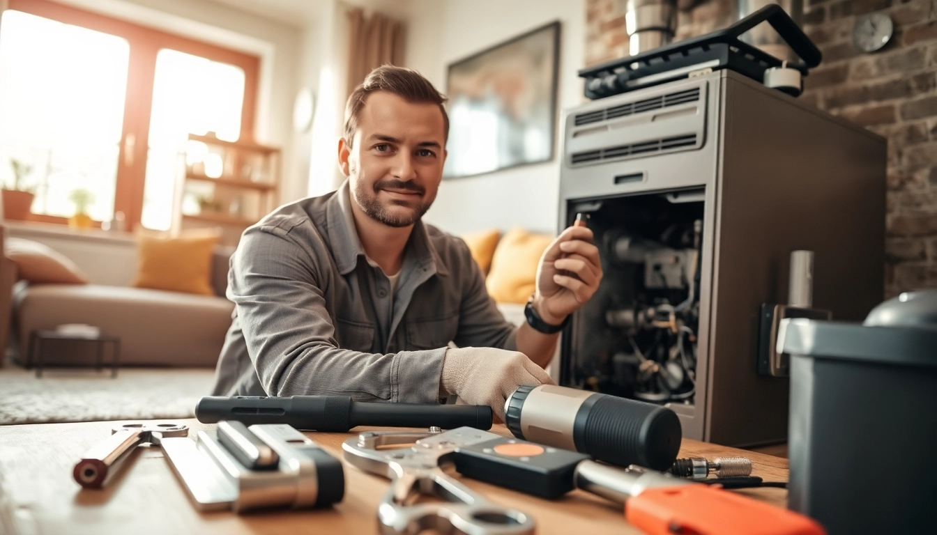 Expert service for furnace repair armonk displayed in a cozy living room environment with tools and warmth.