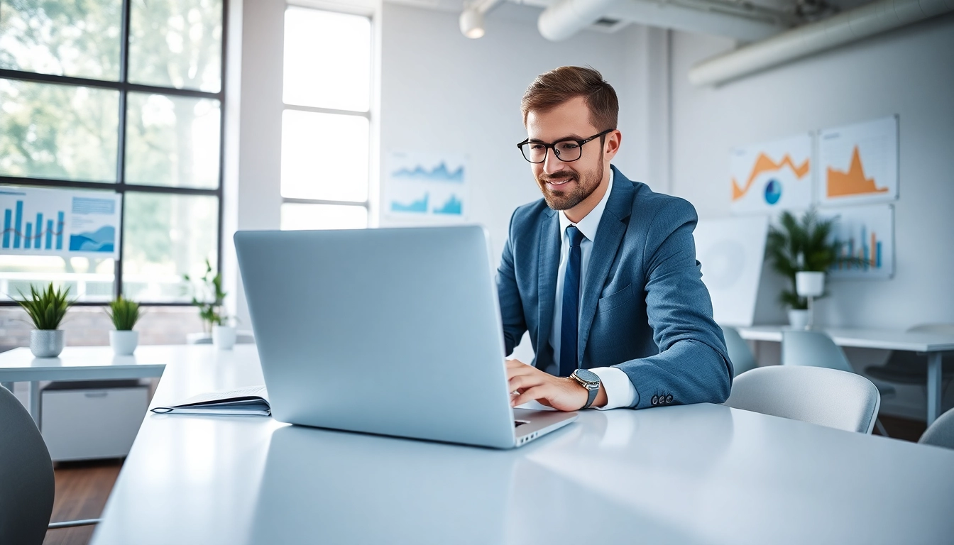 Marketing Consultant analyzing strategies in a modern office filled with data visualizations.