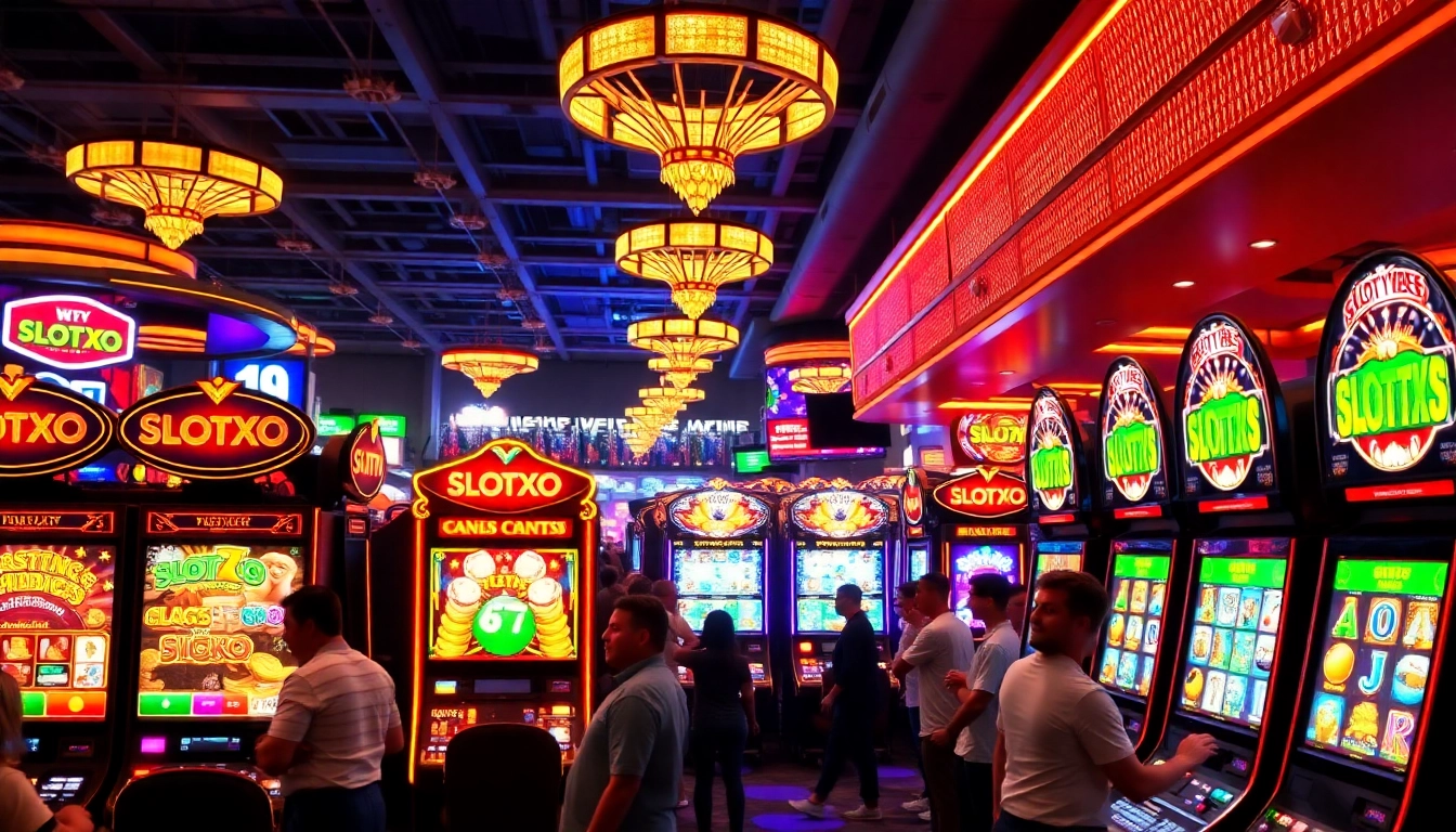 เล่น SLOTXO ที่คาสิโนสว่างไสว โดยมีสล็อตแมชชีนหลากสีพื้นหลังเต็มไปด้วยผู้คน