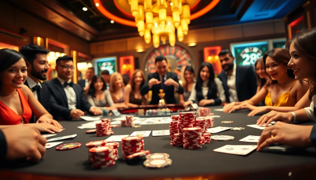 Players enjoying a thrilling game at Nhà Cái 789P's vibrant casino table, showcasing excitement and camaraderie.