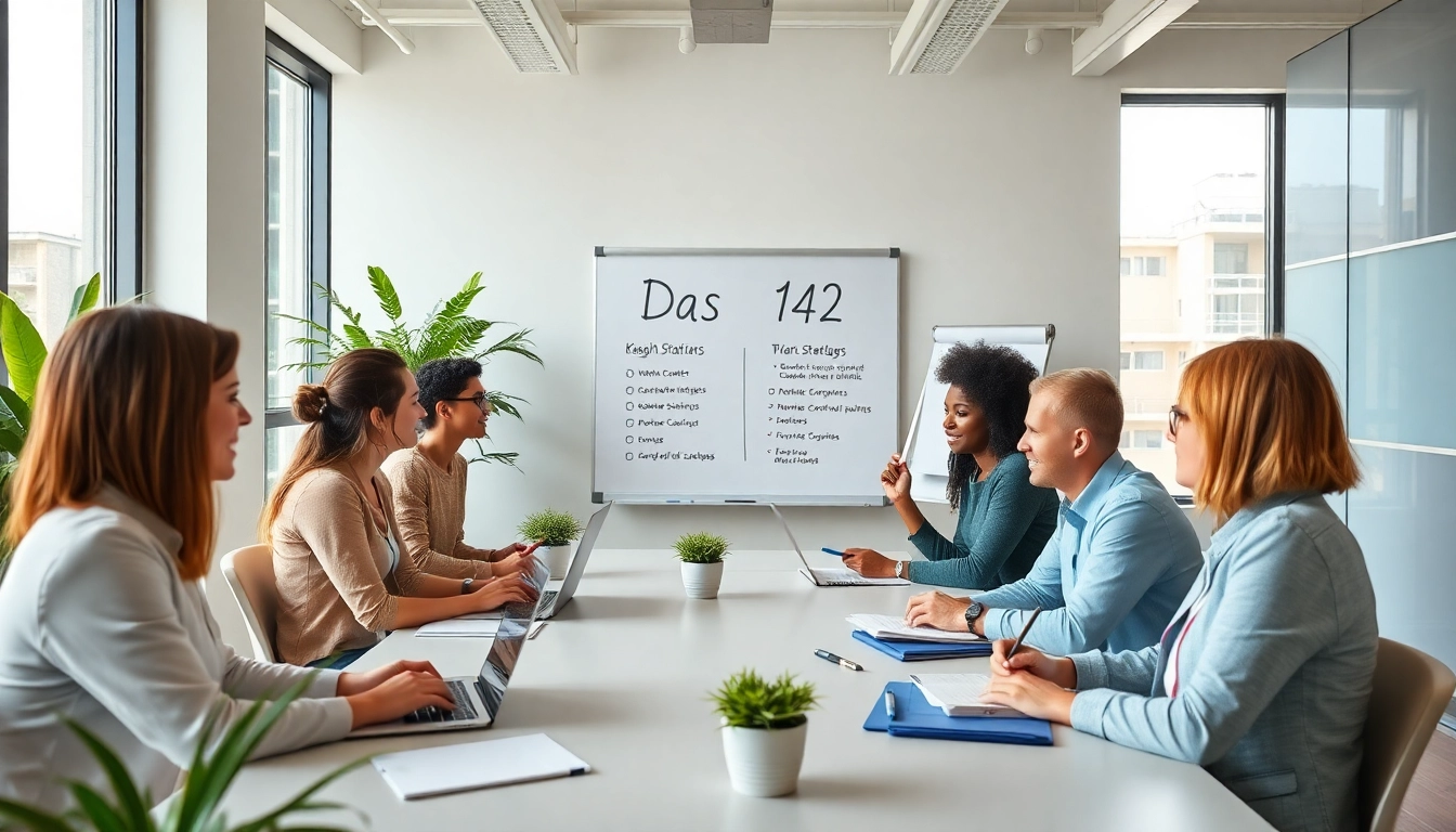 Participants in a business meeting strategizing on das 142 in a modern office environment.