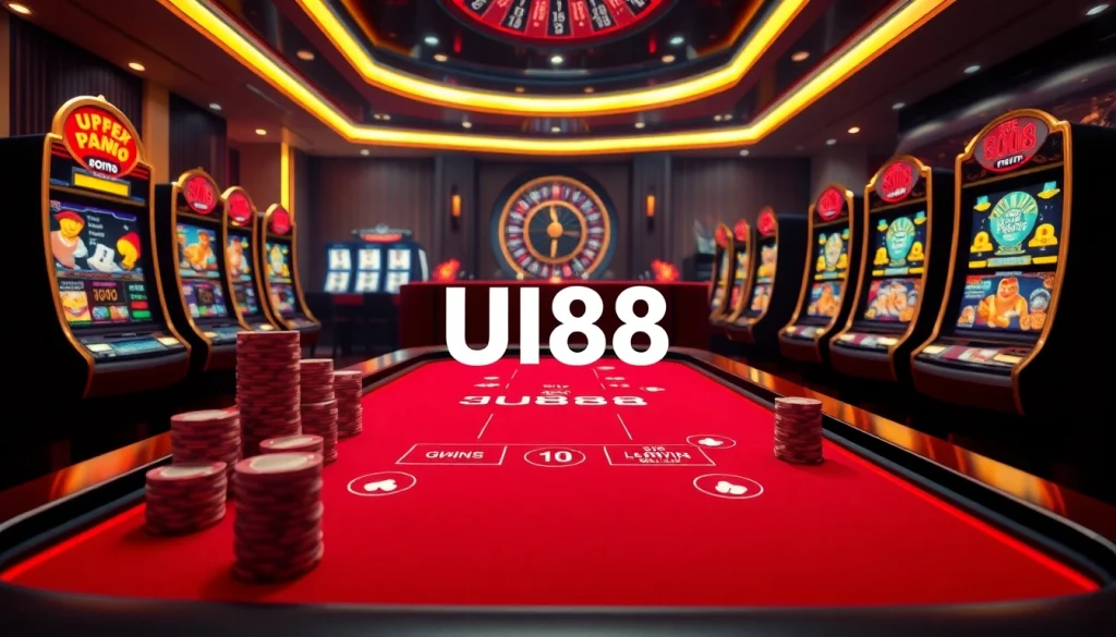 Experience high-stakes gambling excitement at UU88 with vibrant slot machines and poker chips.