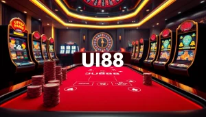Experience high-stakes gambling excitement at UU88 with vibrant slot machines and poker chips.