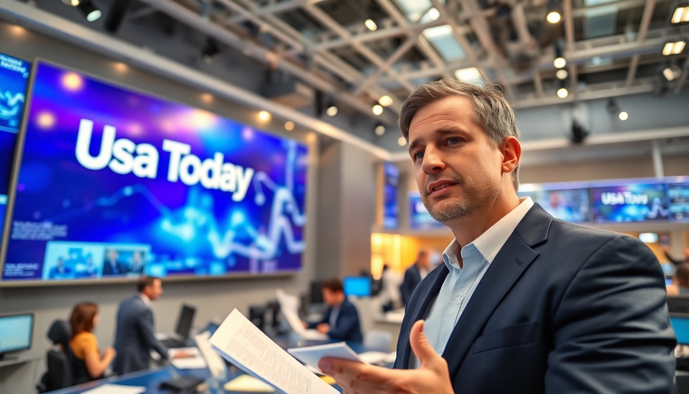 Journalist presenting news headlines including Usa Today in a vibrant newsroom.