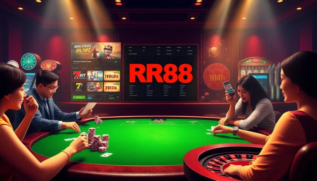 Engage in thrilling gameplay at RR88's online casino, featuring exciting poker chips and casino tables.