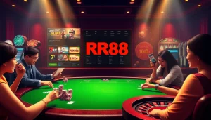 Engage in thrilling gameplay at RR88's online casino, featuring exciting poker chips and casino tables.