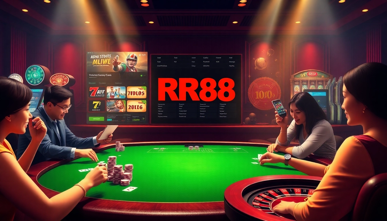 Engage in thrilling gameplay at RR88's online casino, featuring exciting poker chips and casino tables.