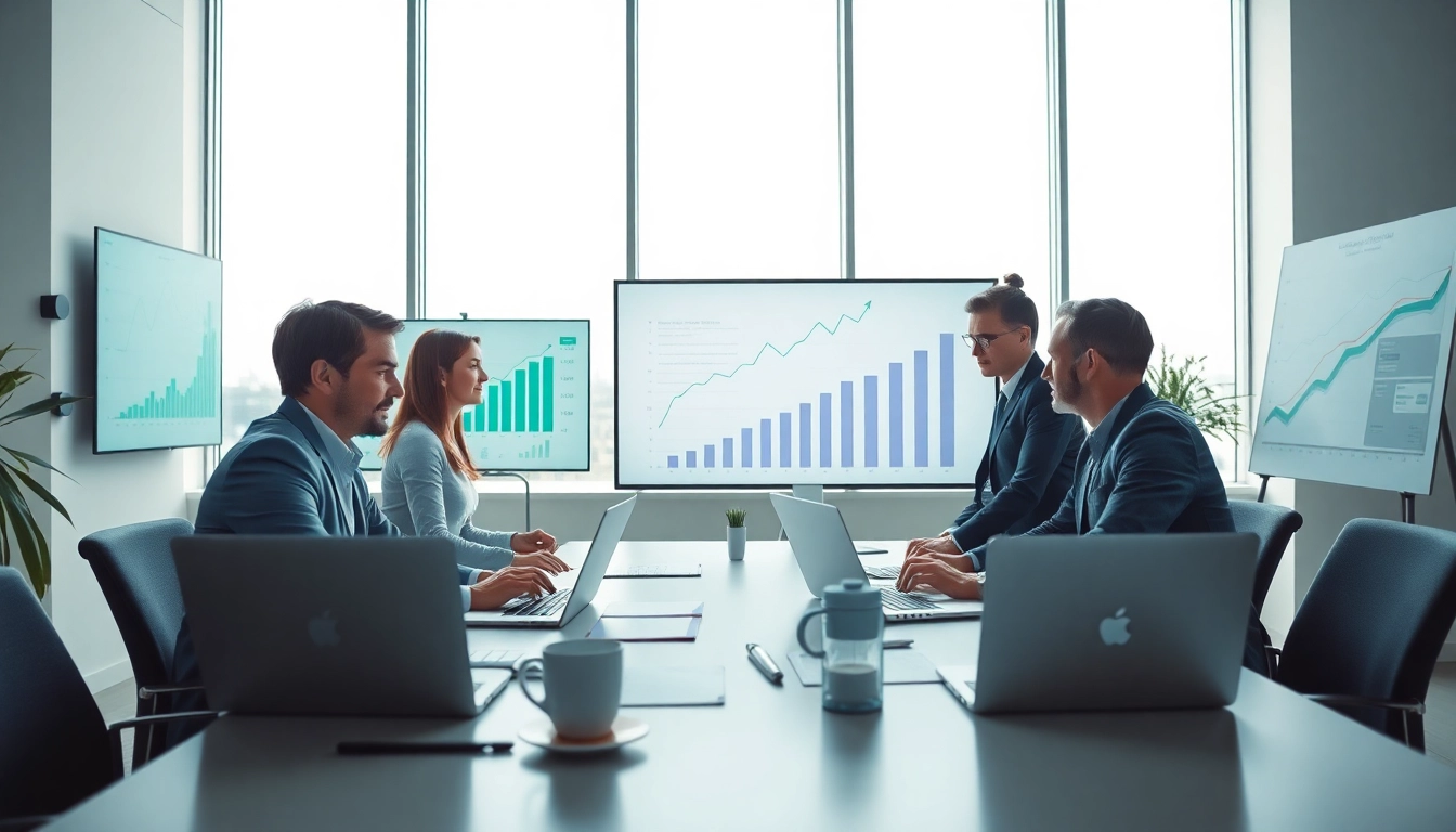 Generate innovative business growth insights in a professional team meeting with graphs and charts.