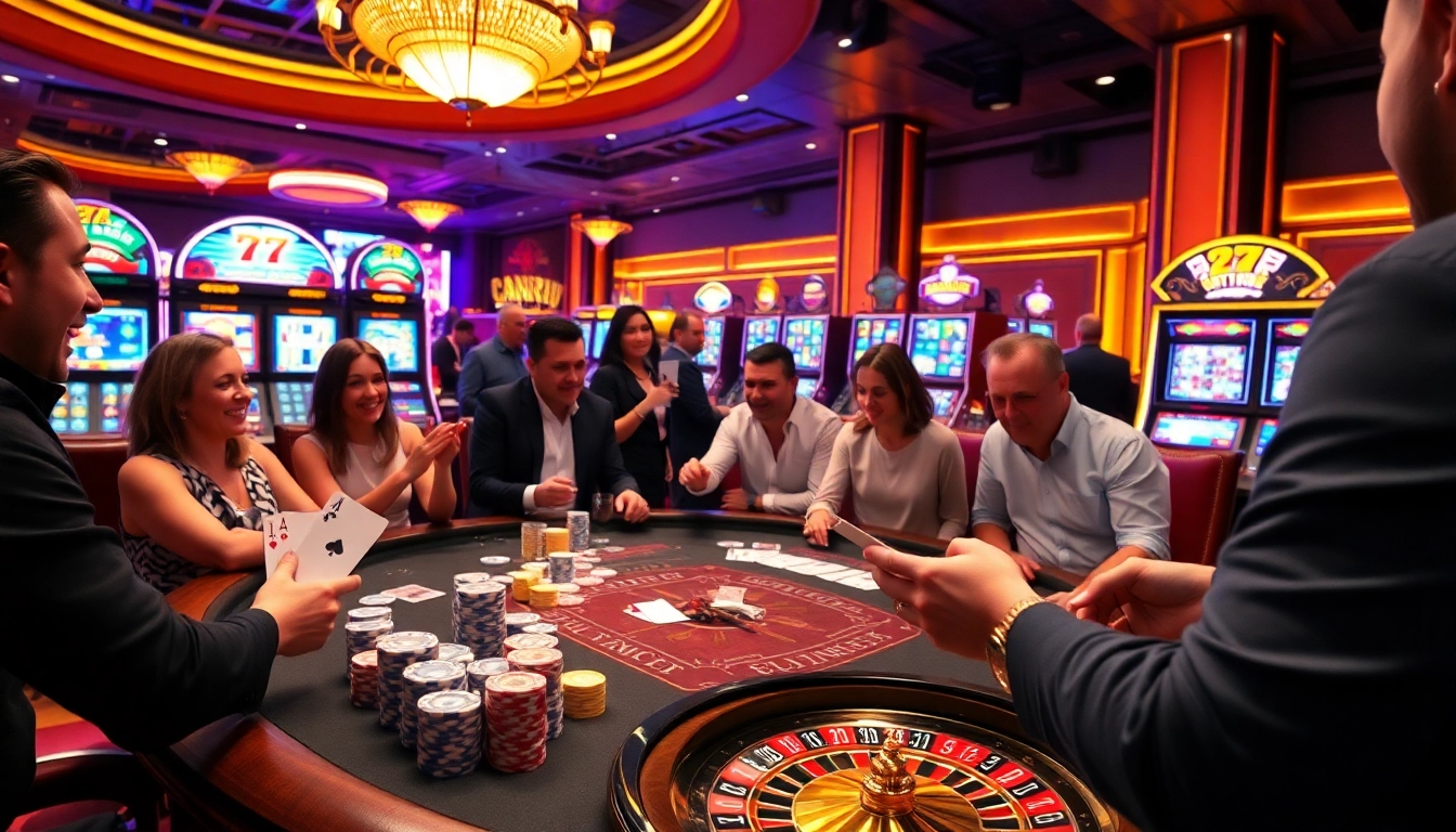 Excited gamblers celebrating a winning moment at seven77 poker table in a luxurious casino.