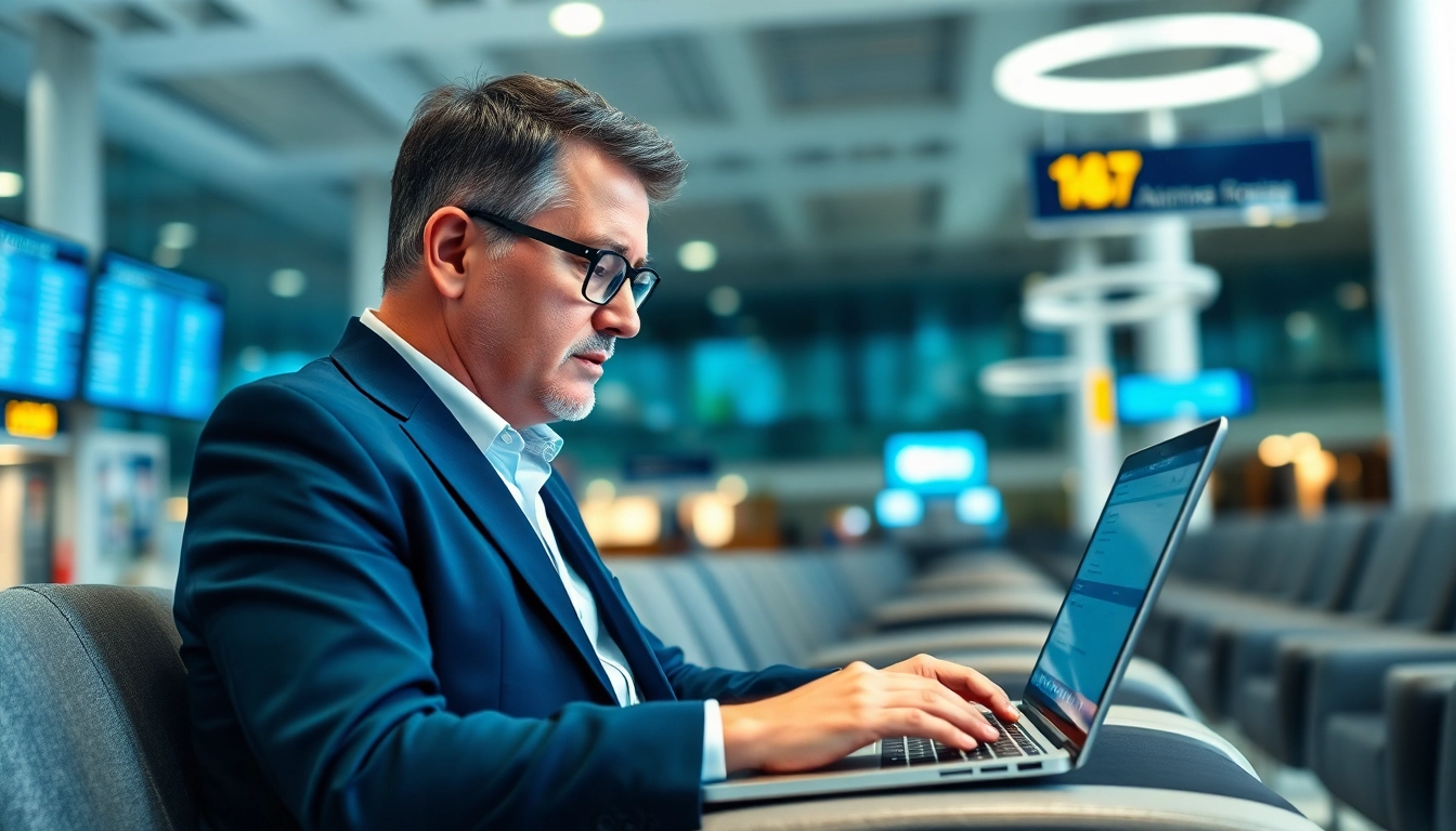 Apply for uk eta online application in a professional airport lounge setting.