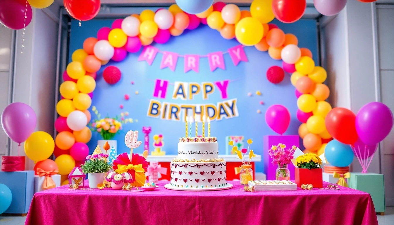 Decorated table for a customizable birthday party featuring personalized banners and festive elements.