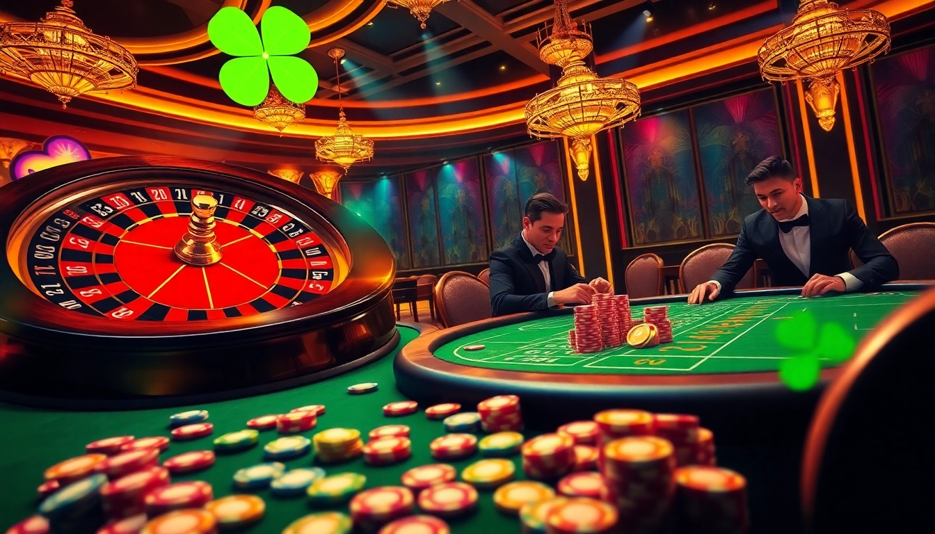 Experience the excitement of luck8 trang chủ with players enjoying poker and roulette under vibrant casino lights.