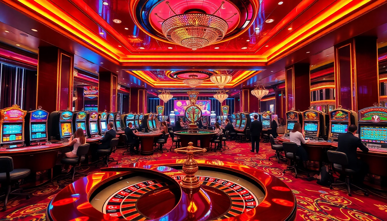 A lively casino scene showcasing the excitement of go 88 with players at roulette and poker tables.