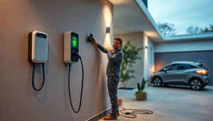 Electric vehicle charger installation price displayed at a modern home in Melbourne, highlighting a professional electrician at work.