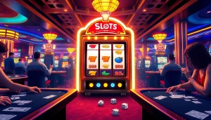 Pemain yang antusias merayakan kemenangan Slot Pulsa mereka di kasino mewah.