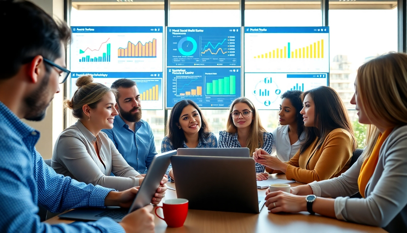 Engaged team discussing edmonton social media marketing strategies in a bright office.