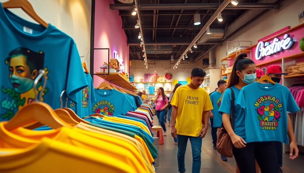 Spalvinga marškinėlių su spauda kolekcija, eksponuojama madingoje boutique aplinkoje, kviečianti pirkėjus išnaršyti dizainus.