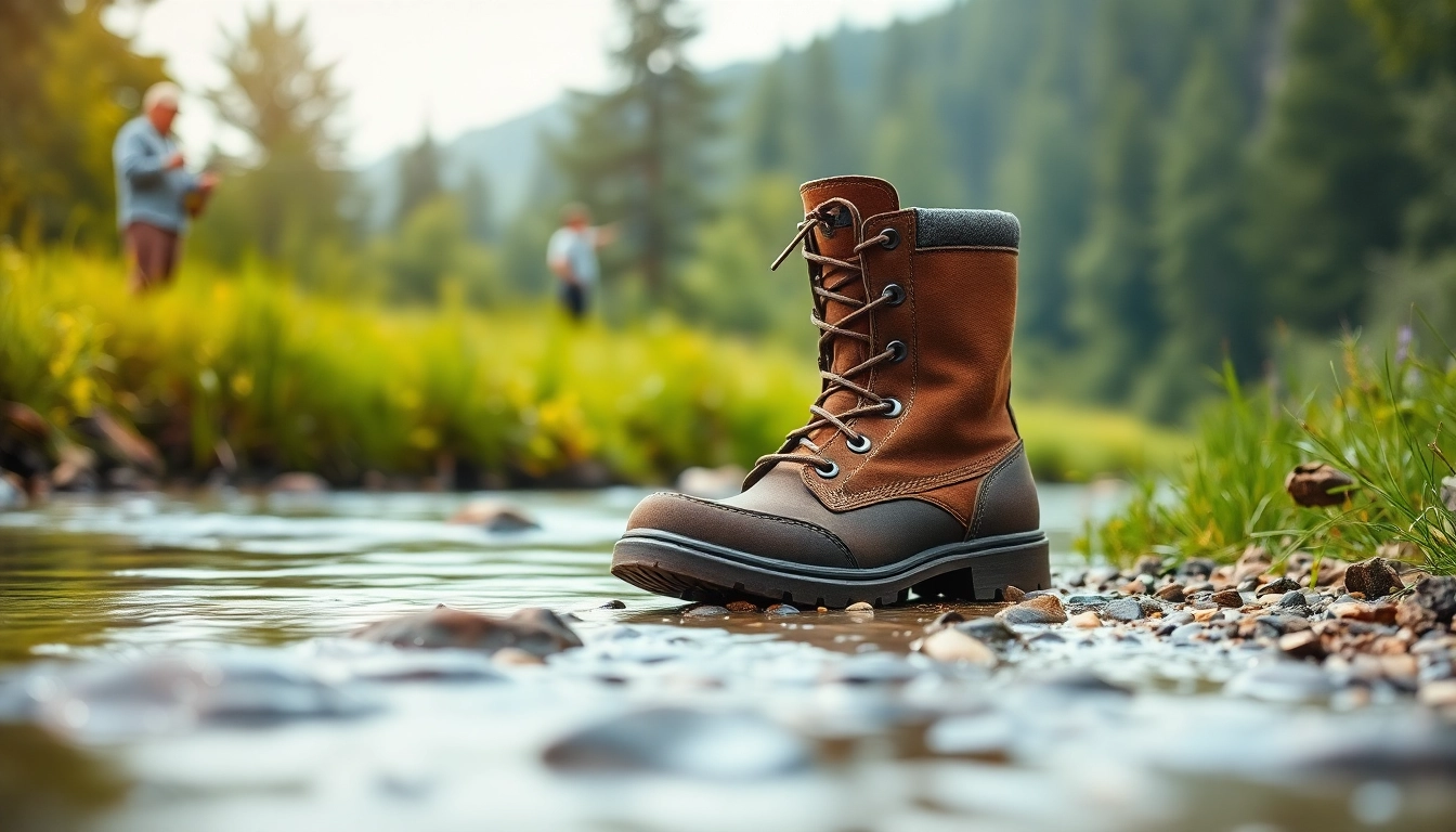 Showcasing Fly fishing boots on a riverbank, highlighting durability and comfort for fishing enthusiasts.
