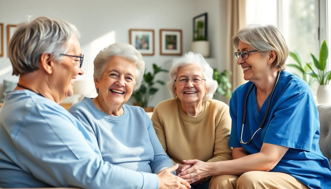 Provide compassionate senior care austin tx with caregivers interacting positively with happy seniors.