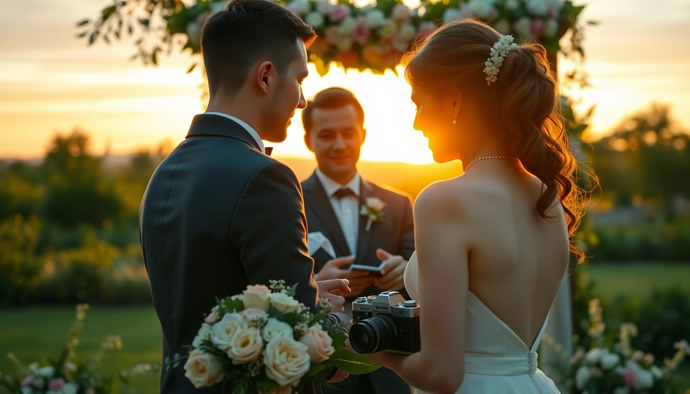 Professional videographers in Toronto capturing a couple's wedding vows in a romantic garden setting.