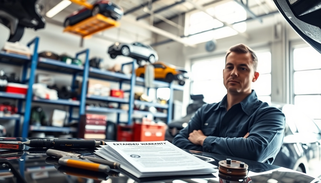Showcase of extended auto warranty plans with a technician at work in a professional automotive service center.
