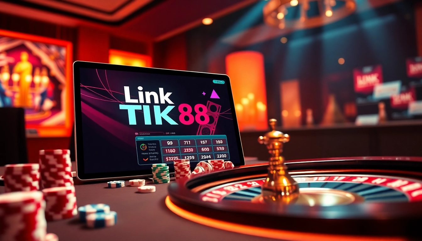 Engage with the Link TK88 casino layout, featuring vibrant table games and poker chips.
