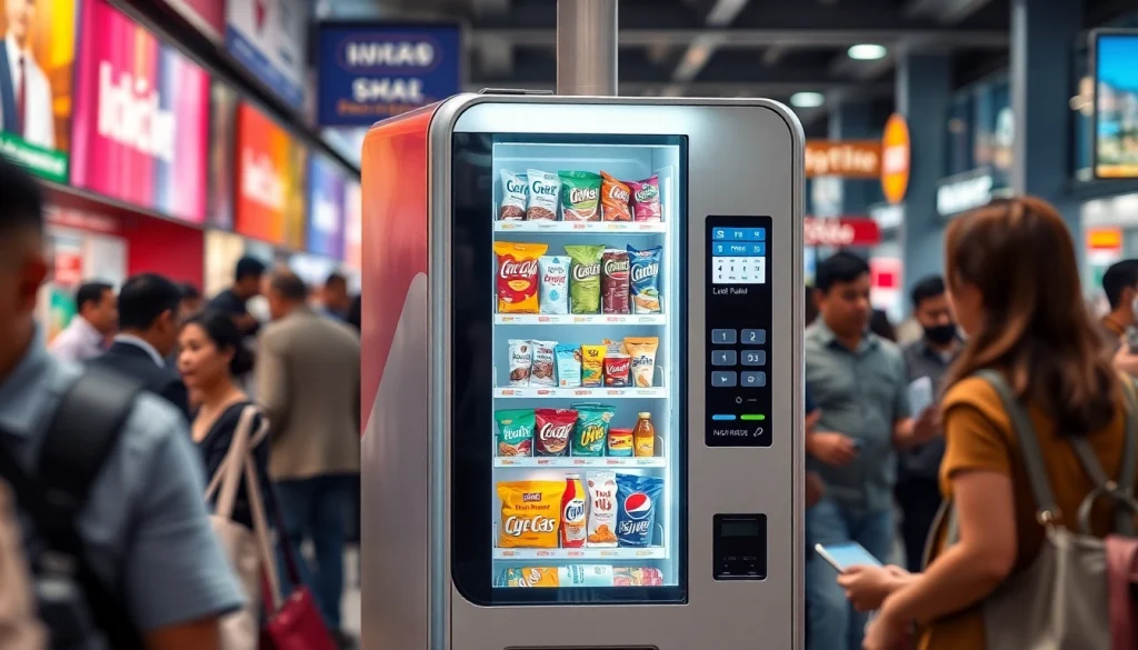 Mini vending machine showcasing a variety of snacks in an urban setting with people using it.