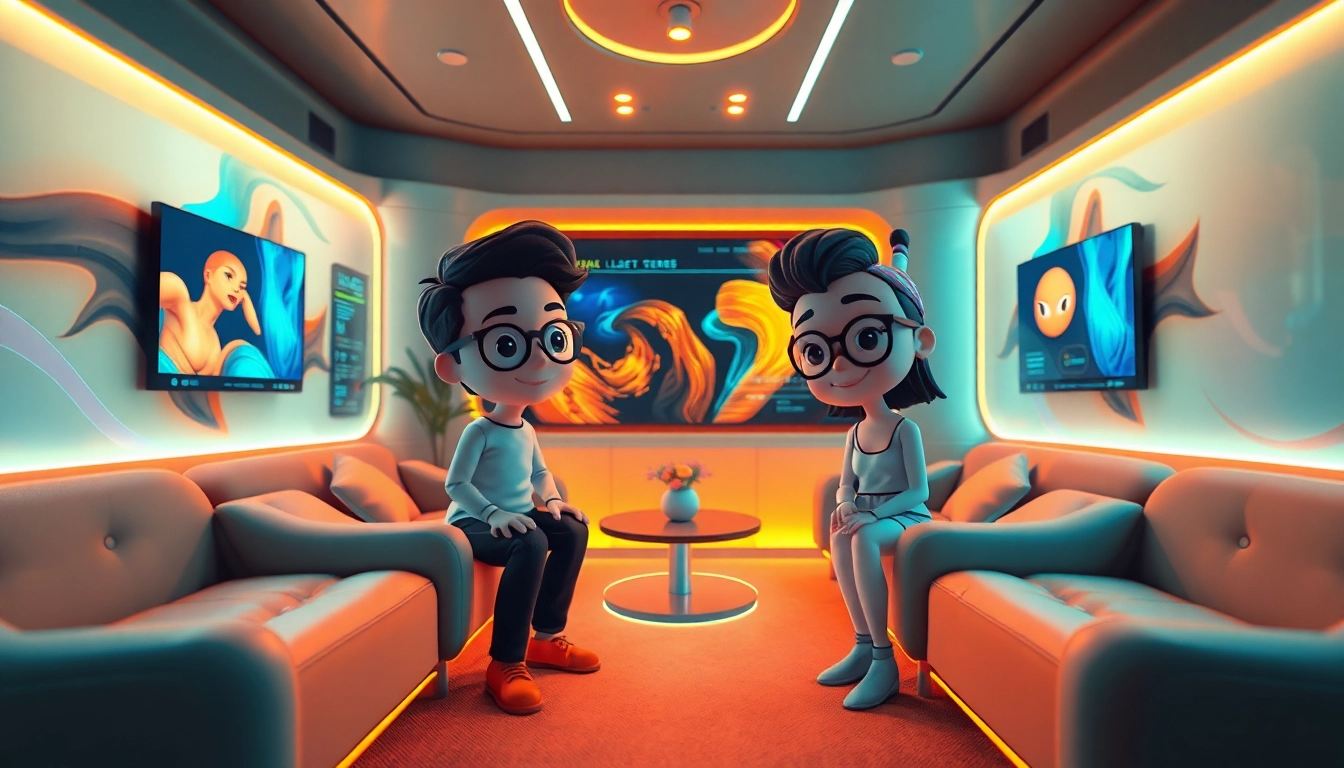 Engaging NSFW AI characters in a modern virtual chat room setting with ambient lighting.