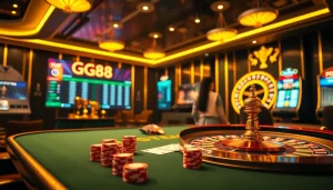 Experience the excitement of GG88 with vibrant casino visuals, showcasing poker tables and roulette wheels.