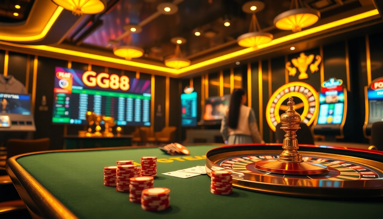 Experience the excitement of GG88 with vibrant casino visuals, showcasing poker tables and roulette wheels.