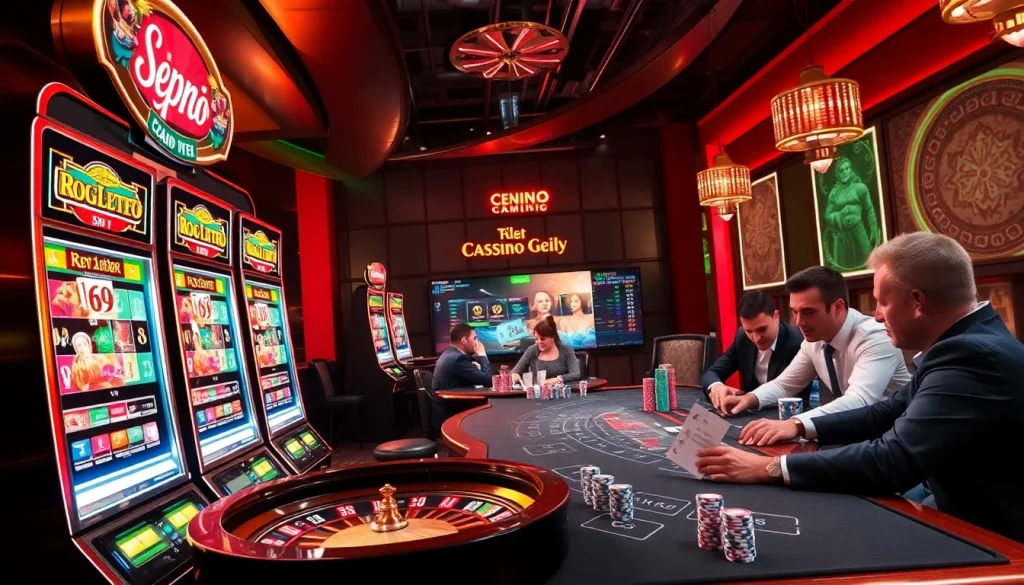 Engaging players enjoying Onicplay's online casino experience with vibrant slot machines and tables.