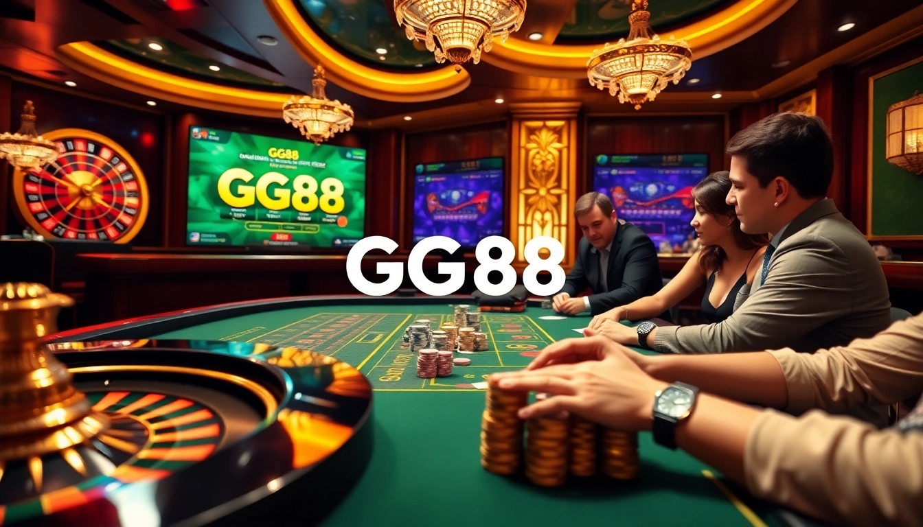 Experience the excitement of GG88 casino with poker chips and roulette wheel in a vibrant setting.