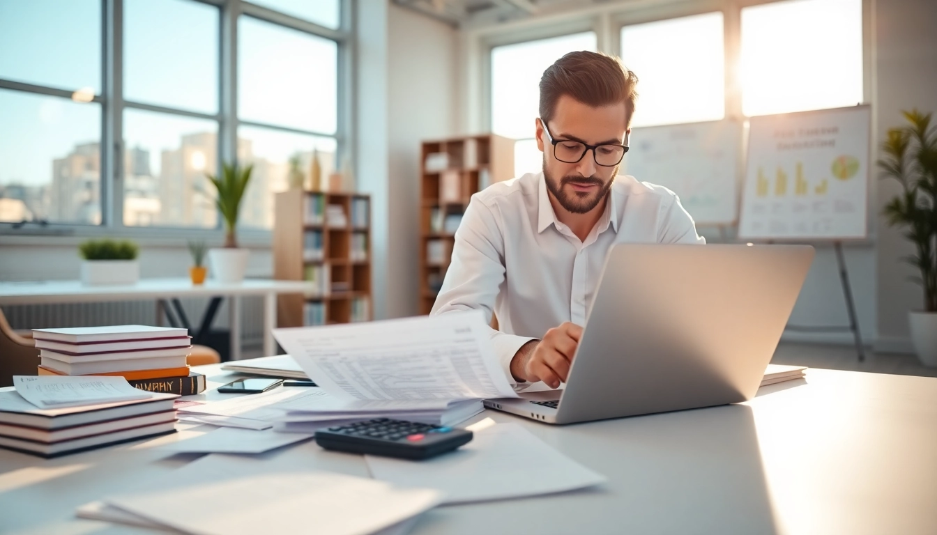 Accountant reviewing documents during tax season in a bright office setting.