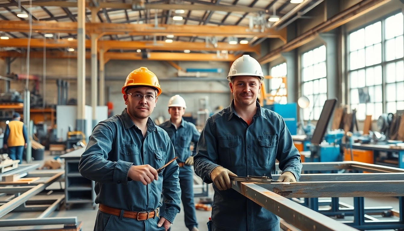 Engaged steel fabricators near me collaborating in a workshop, showcasing craftsmanship.