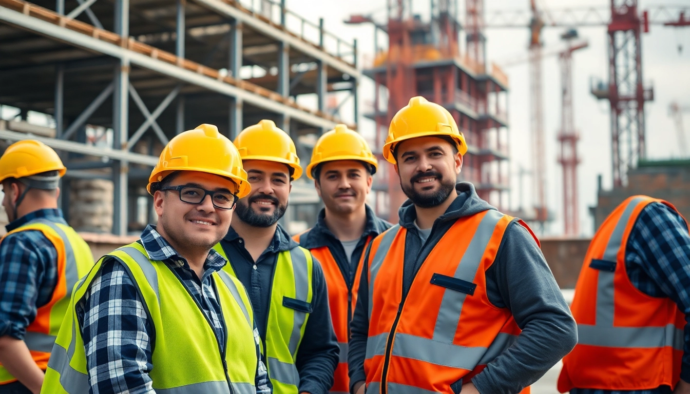Workers demonstrating construction site safety measures, emphasizing protective gear in a busy construction environment.