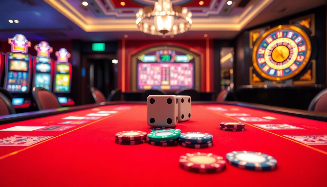 Experience the thrills of Tài xỉu md5 at a glamorous casino table vividly adorned with betting slips and dice.