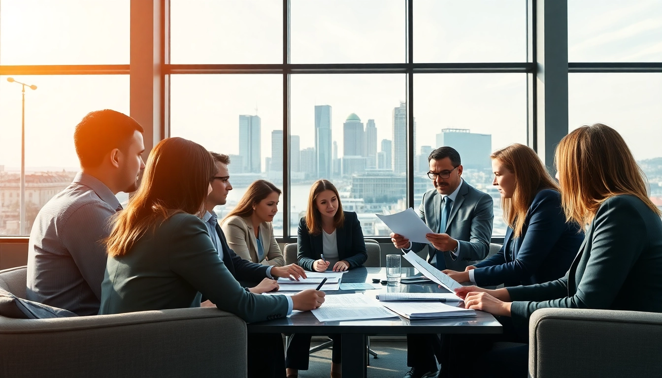 Illustration of professionals discussing benefits of a luxembourg holding company in a modern office setting.
